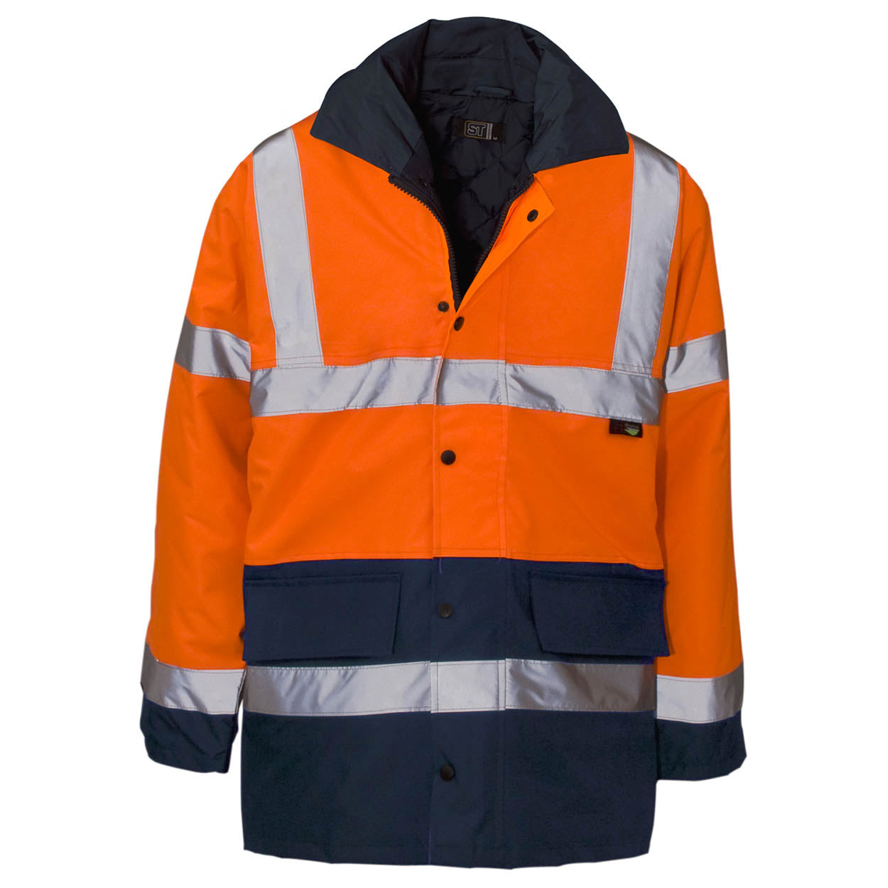 Orange and navy safety jacket with reflective stripes on a white background