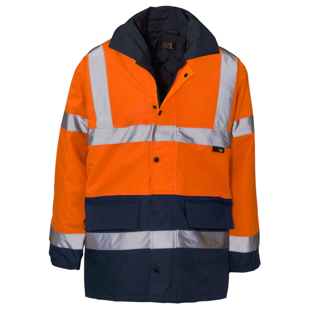 Orange and navy safety jacket with reflective stripes on a white background