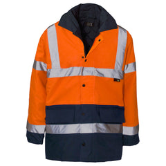 Orange and navy safety jacket with reflective stripes on a white background